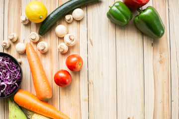 Vegetables on wood. Bio Healthy food, herbs and spices. Healthy food background  on wooden table