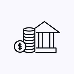 Bank building icon with pennies and dollar symbol