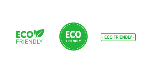Set of eco friendly green badges with tree leaf. Design element for packaging design and promotional material. Vector illustration.