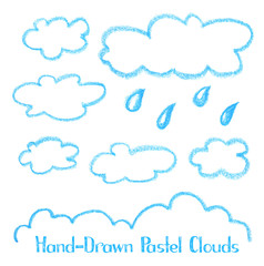 Crayon blue clouds on white background. Cloud hand-drawn illustration isolated. Kids art drawing.