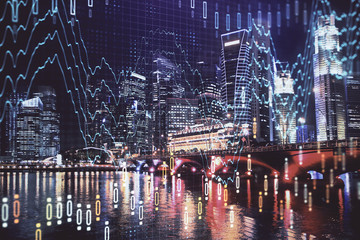Financial chart on city scape with tall buildings background multi exposure. Analysis concept.