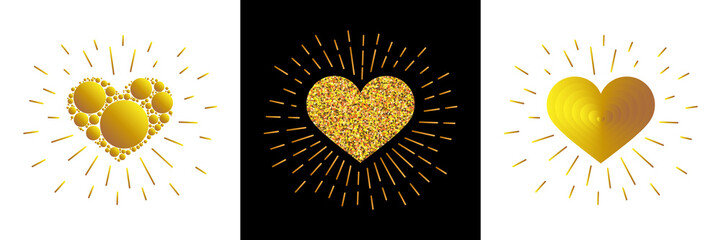 Creative design concept in the form of gold heart and rays for Valentine's day, mother's day, greeting cards for woman's day or love confession. Set. Glitter.