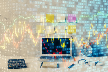 Double exposure of forex graph and work space with computer. Concept of international online trading.