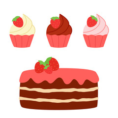 Sweet chocolate cake and cupcakes with strawberries. Set of sweets with vanilla, strawberry and chocolate cream. Delicious dessert holiday cake and portioned cakes for birthday, celebration. Vector