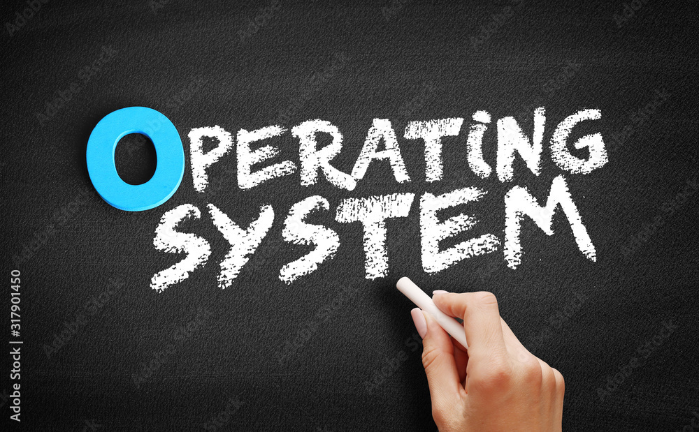 Poster operating system text on blackboard, technology concept background