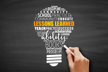 Lessons Learned light bulb word cloud collage, education concept background
