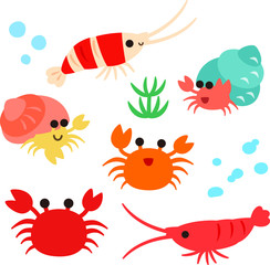 かわいいエビ、カニ、ヤドカリのキャラクター