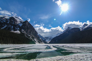 Lake Louise in a beautiful sunny day Mountain wild lake in Rocky Mountains in early spring still frozen with snowy mountains 
