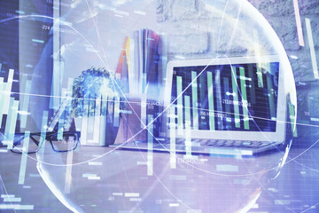 Multi exposure of business theme icons and work space with computer background. Concept of success.