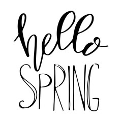 Digital illustration of a black contour spring doodle with the words hello spring. Print for paper, packaging, fabrics, web design.