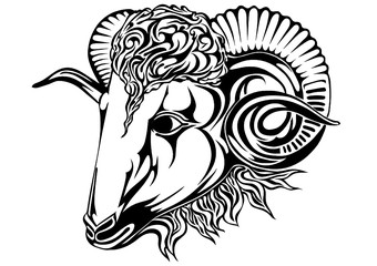 A stylized image of an aries head, which can be used in a horoscope, for tattooing or creating a logo.