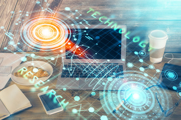 Double exposure of computer and technology theme hud. Concept of innovation.