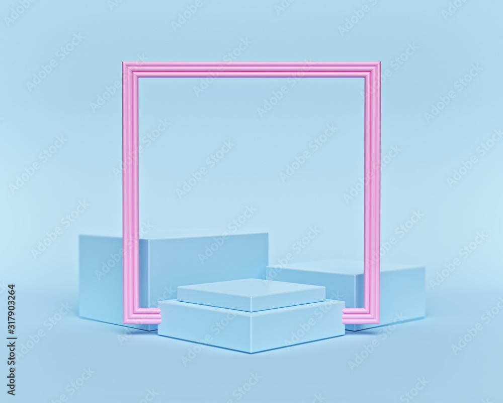 Poster abstract decorative shapes background with blank podium and frame. copy space. minimal style. 3d ren