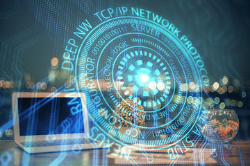 Double exposure of computer and technology theme drawing. Concept of innovation.