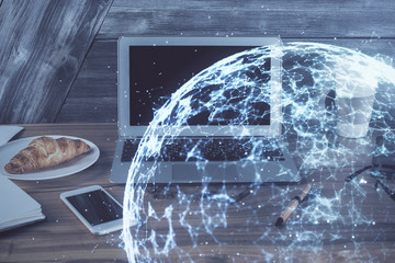 Computer on desktop with social network theme icon. Multi exposure. Concept of international...