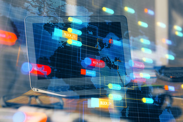 Fototapeta premium Multi exposure of computer on background and technology theme drawing. Concept of innovation.