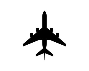 Large jet passenger airplane with four engines black icon. Civil aviation flying plane top view. Flat vector illustration