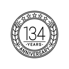 134 years anniversary logo template. 134th line art vector and illustration.