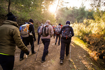 Group of Trekkers walking in the mountains in sunny day. Hikers exploring new places in the mountain paths. Tourism day concept