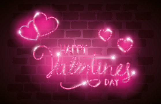 Happy Valentines Day Label In Neon Light, Icons Valentine Day Vector Illustration Design