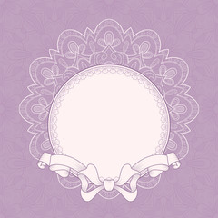 Vintage background with lace frame and ribbon for greeting card, invitation or announcement