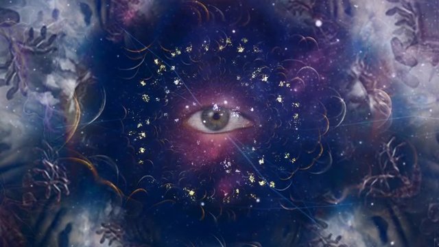 Eye in cosmic fractal with fireworks