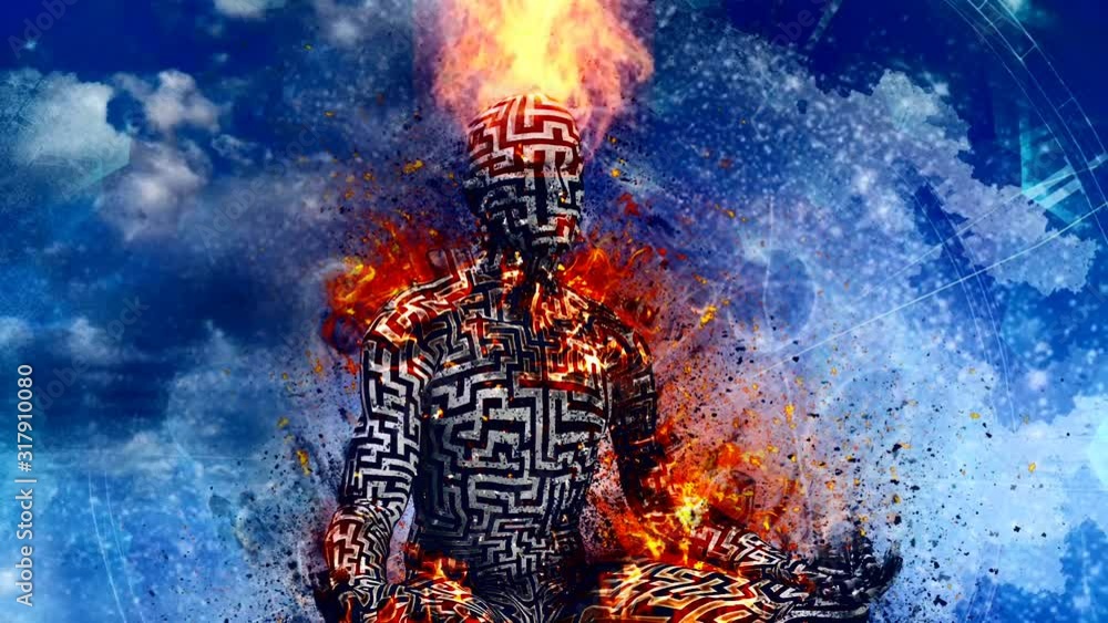 Poster surrealism. burning figure of man with maze pattern in lotus pose. vivid universe on background