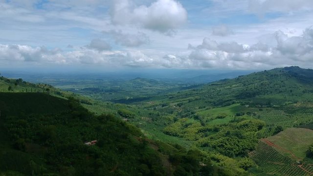 Aerial Panorama Across Zona Cafetera In Colombia With Rolling Clouds