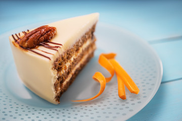 Cake piece with chocolate, milk cream, carrots and nuts isolated
