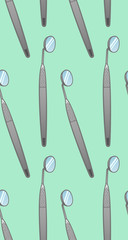 Mouth mirrors for dentist seamless pattern on green background