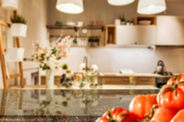 Desk of free space and kitchen interior. 