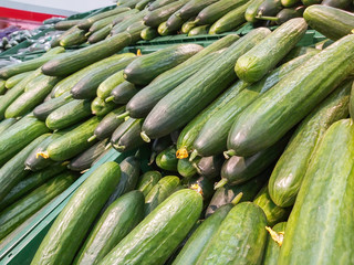 Supermarket, store or shop rack with vegetables. Fresh and ripe cucumbers lie on the rack. Healthy and eco food concept. Organic and farm food. Weekly shopping. Selective focus. Illustration.