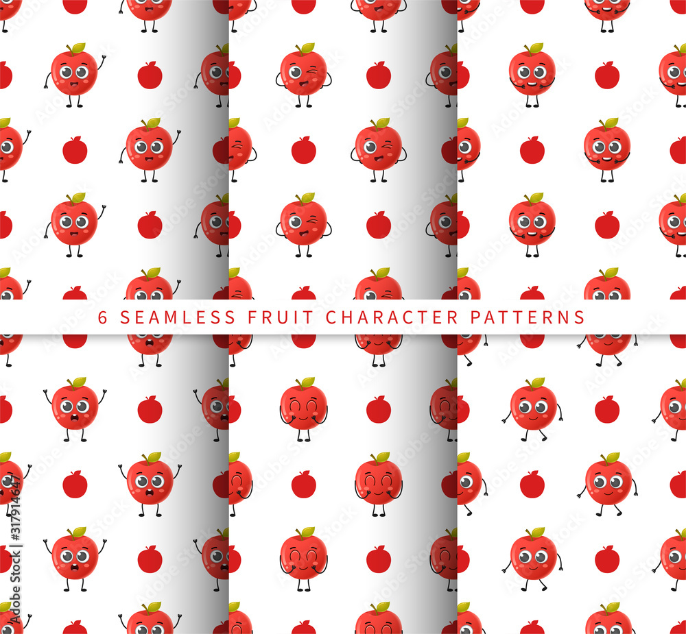 Poster set of vector seamless pattern with cute cartoon apple fruit characters isolated on white background