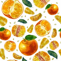 Watercolor illustration, pattern. Tangerines, slices of tangerines and tangerine leaves. White background. Bright juicy orange pattern.