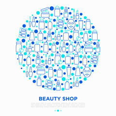 Beauty shop concept in circle with thin line icons: skin care, cream, gel, organic cosmetics, make up, soap dispenser, nail care, beauty box, deodorant, face oil, sheet mask. Vector illustration.