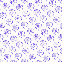 Mental health seamless pattern with thin line icons: mental growth, negative thinking, emotional reasoning, logical plan, obsession, balance, brilliant thought, self identity. Vector illustration