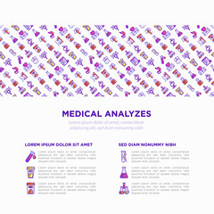 Medical analyzes concept with thin line icons: blood test, urine test, stool, ECG, mammography, sperm, DNA, ultrasound, EEG, X-ray, gastroscopy. Vector illustration for laboratory web page