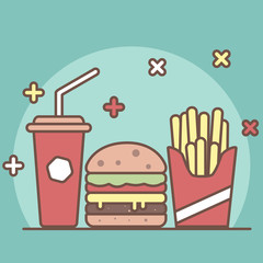 Juicy cheeseburger, french fries and cold drink. Flat style, muted colors. Fast food.