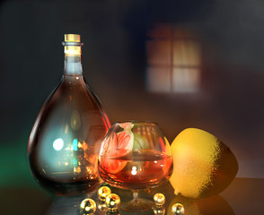 3d render illustration of lemon lime half cognac glass bottle and gold balls art still life in dark...