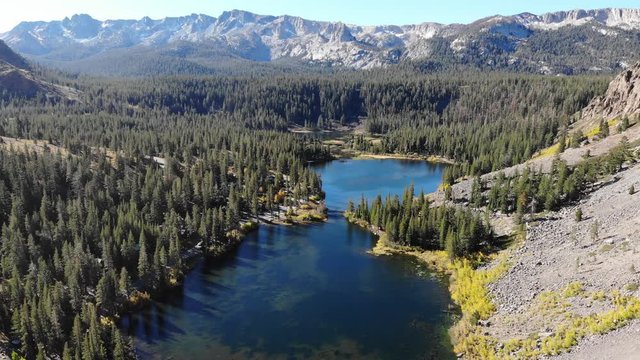 View of Twin Lakes, Lake George, the southeastern slope of Mammoth Mountain, Mono County, eastern California, eastern Sierra Nevada, Inyo National Forest, shot from drone, summer view