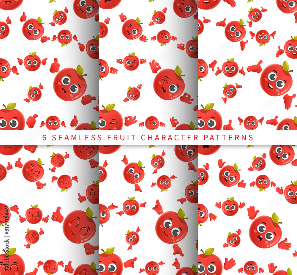 Poster set of vector seamless pattern with cute cartoon apple fruit characters isolated on white background