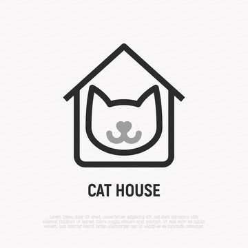 Cat House Thin Line Icon. Logo For Shop Or Veterinary. Modern Vector Illustration.