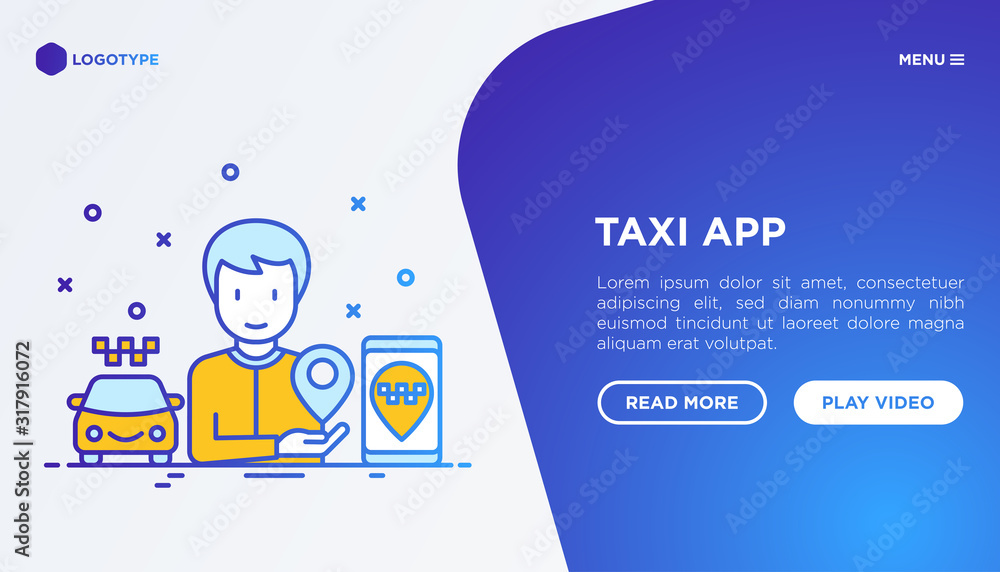 Poster man using taxi app on smartphone. web page template with copy space. thin line icon. vector illustra