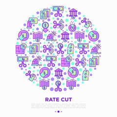Rate cut concept in circle with thin line icons: cutting price, cost reduction, sale, discount, receipt, loyalty card, interest. Modern vector illustration.