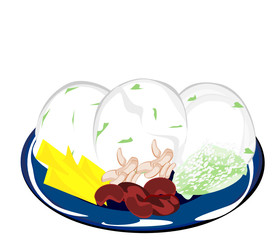 Thai Coconut ice cream, with toppings, red beans and glutinous rice, pumpkin, peanuts, and bread, vector illustration