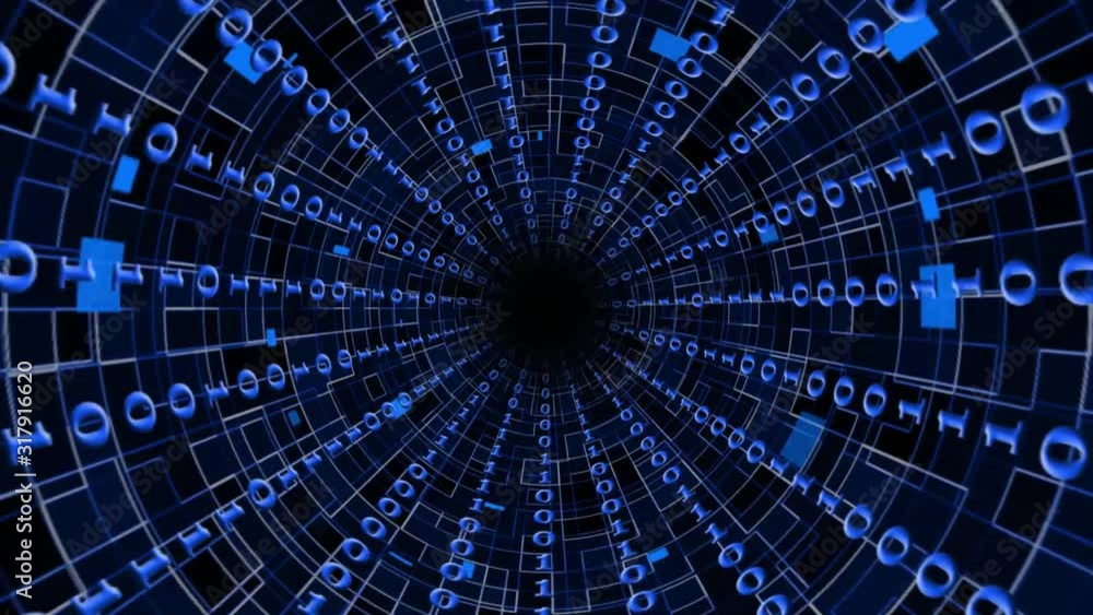 Poster binary code in blue colour - abstract speed motion in a tunnel design - technology background with d