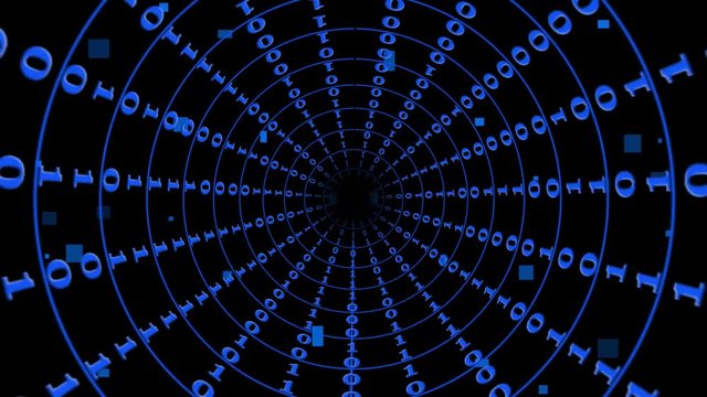 Binary code in blue colour - abstract speed motion in a tunnel design - technology background with digital computer data - rapid movement out or into the core - 3D rendering