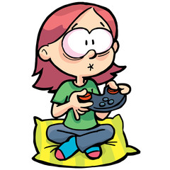 girl with hypnotically look as she plays with the joystick