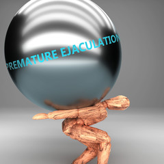 Premature ejaculation as a burden and weight on shoulders - symbolized by word Premature ejaculation on a steel ball to show negative aspect of Premature ejaculation, 3d illustration
