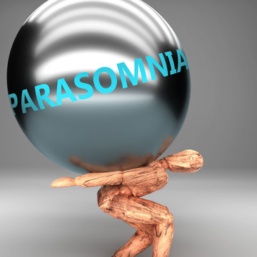 Parasomnia as a burden and weight on shoulders - symbolized by word Parasomnia on a steel ball to show negative aspect of Parasomnia, 3d illustration